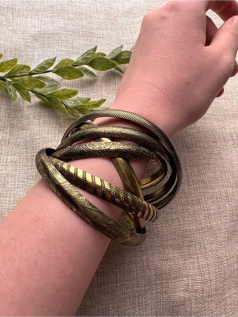 VINTAGE Gold Brass Indian Chunky Boho Bangles - Interlocked Bracelets